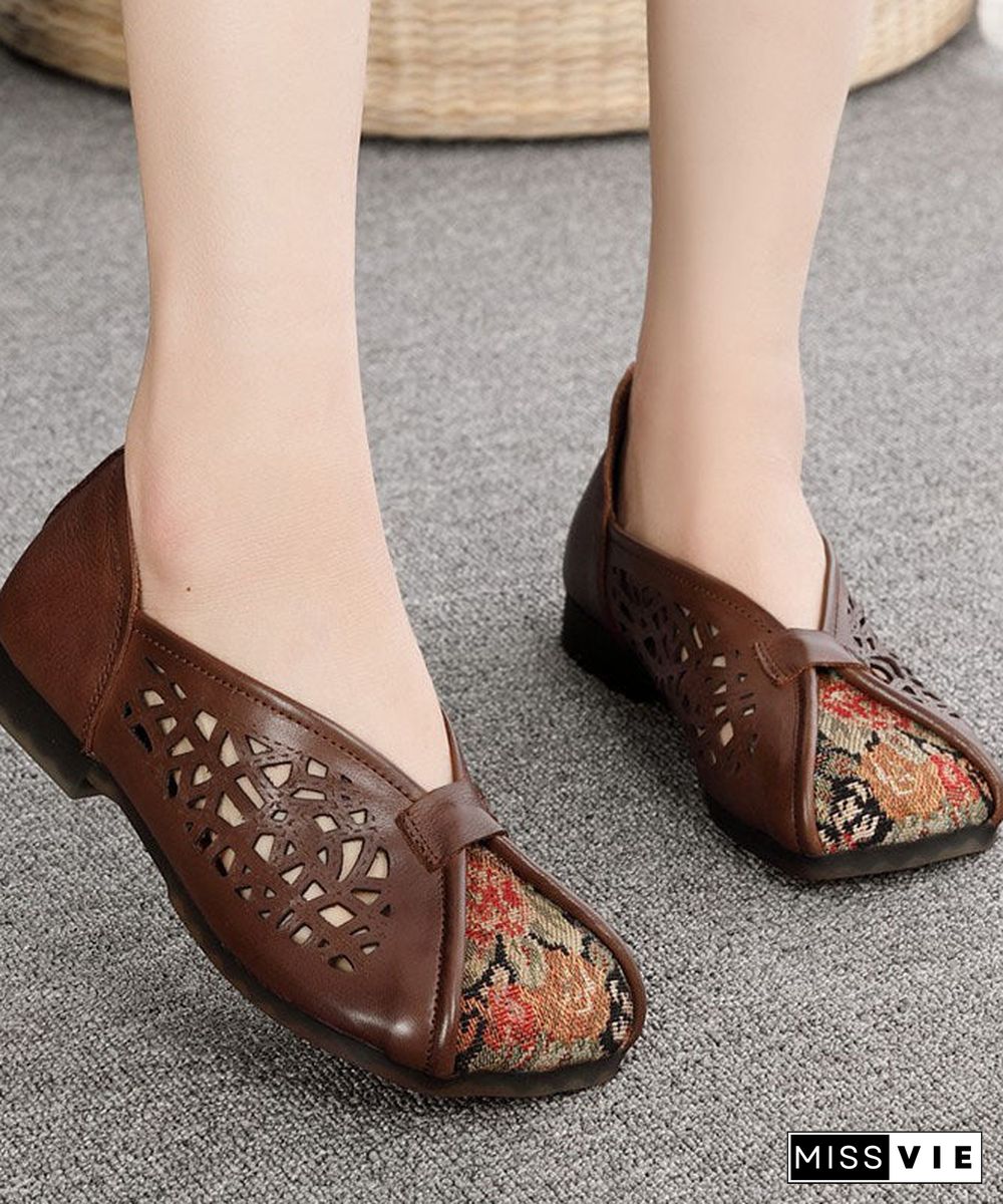 Green Hollow Out Cowhide Leather Flat Shoes For Women Splicing Flats