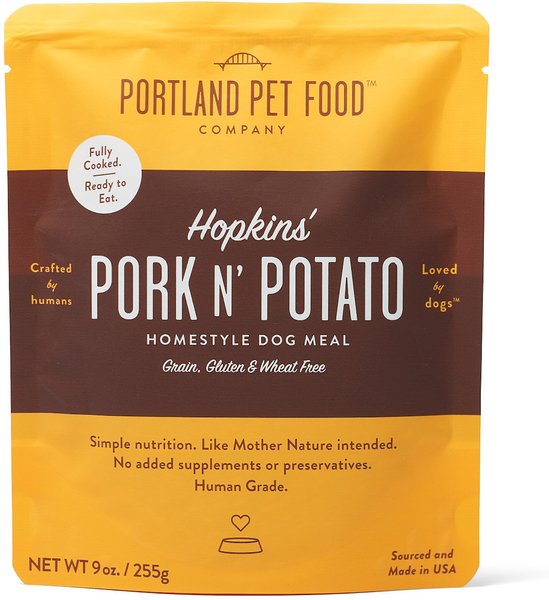 Portland Pet Food Company Hopkins' Pork N' Potato Homestyle Wet Dog Food Topper， 9-oz pouch， case of 4