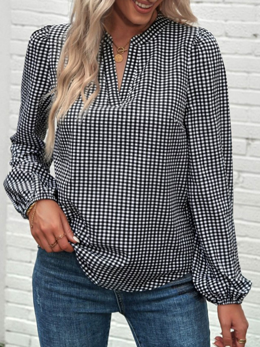 V-neck Casual Loose Check Print Long Sleeve Blouse