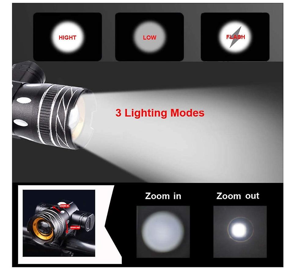 Bike Headlight， Super Bright 2000 Lumen XML-T6 Bicycle Headlight USB Rechargeable Bike Front Light Waterproof Adjustable Focus Bike Light 3 Light Modes Cycling Light for Night Safety Riding(Black)