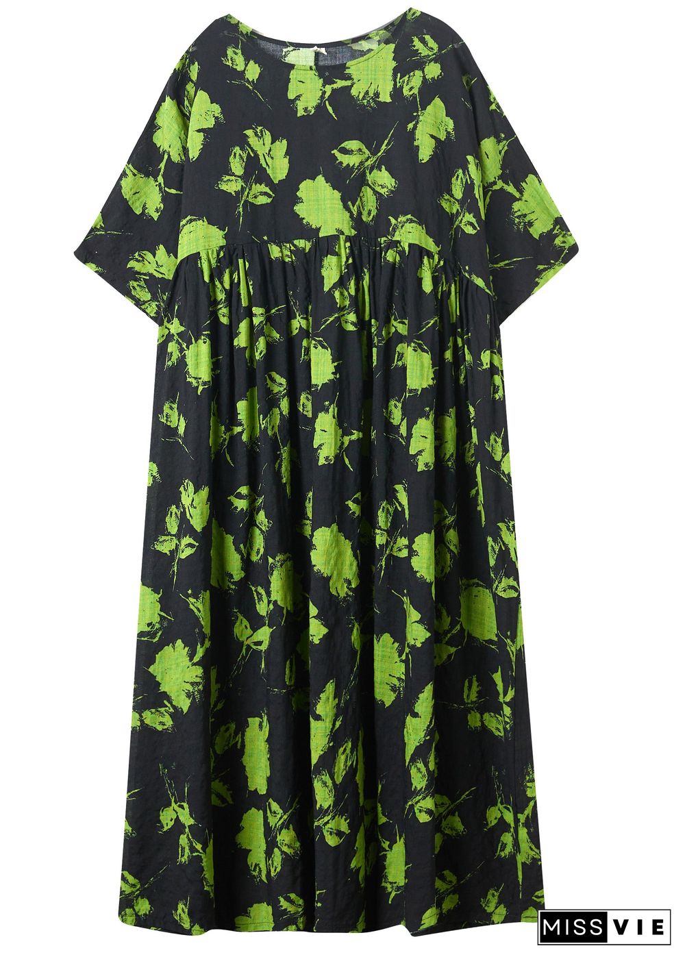 Loose Green Print Wrinkled Cotton Maxi Dresses Summer