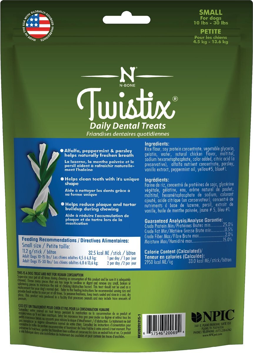 N-Bone Twistix Vanilla Mint Flavored Small Dental Dog Treats， 5.5-oz bag， Count Varies