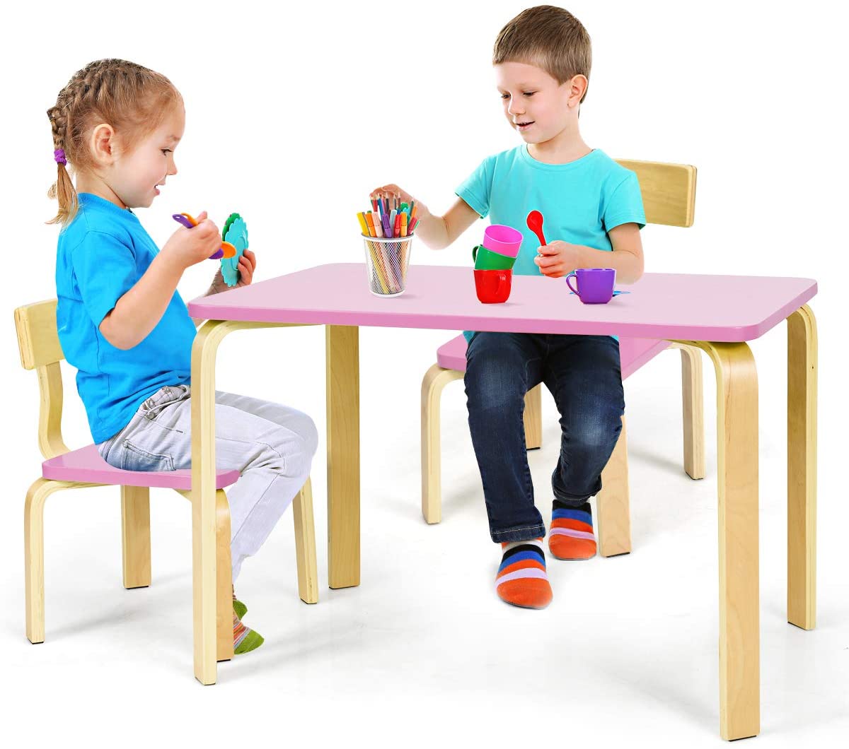 Costzon Kids Table and Chair Set, Wood Table and Chairs for Toddlers Reading, 3 Piece Furniture