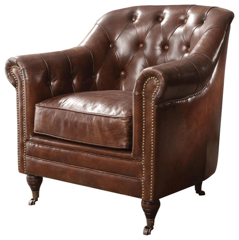 34 quotTop Grain Leather And Brown Tufted Chesterfield Chair   Armchairs And Accent Chairs   by HomeRoots  Houzz