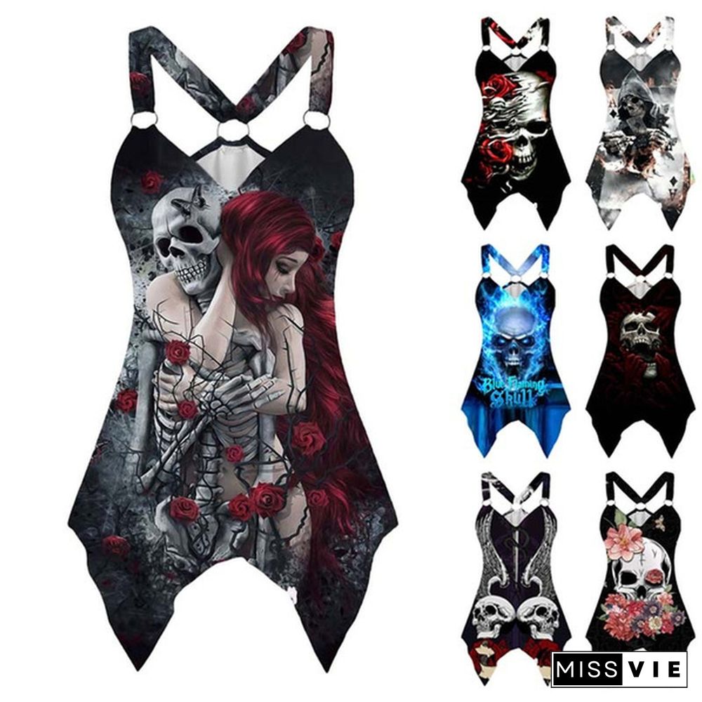 Tank Tops Women 3D Skull Print Sleeveless Tops Summer Casual Ladies Gothic Irregular Hem Fashion Vest Shirts