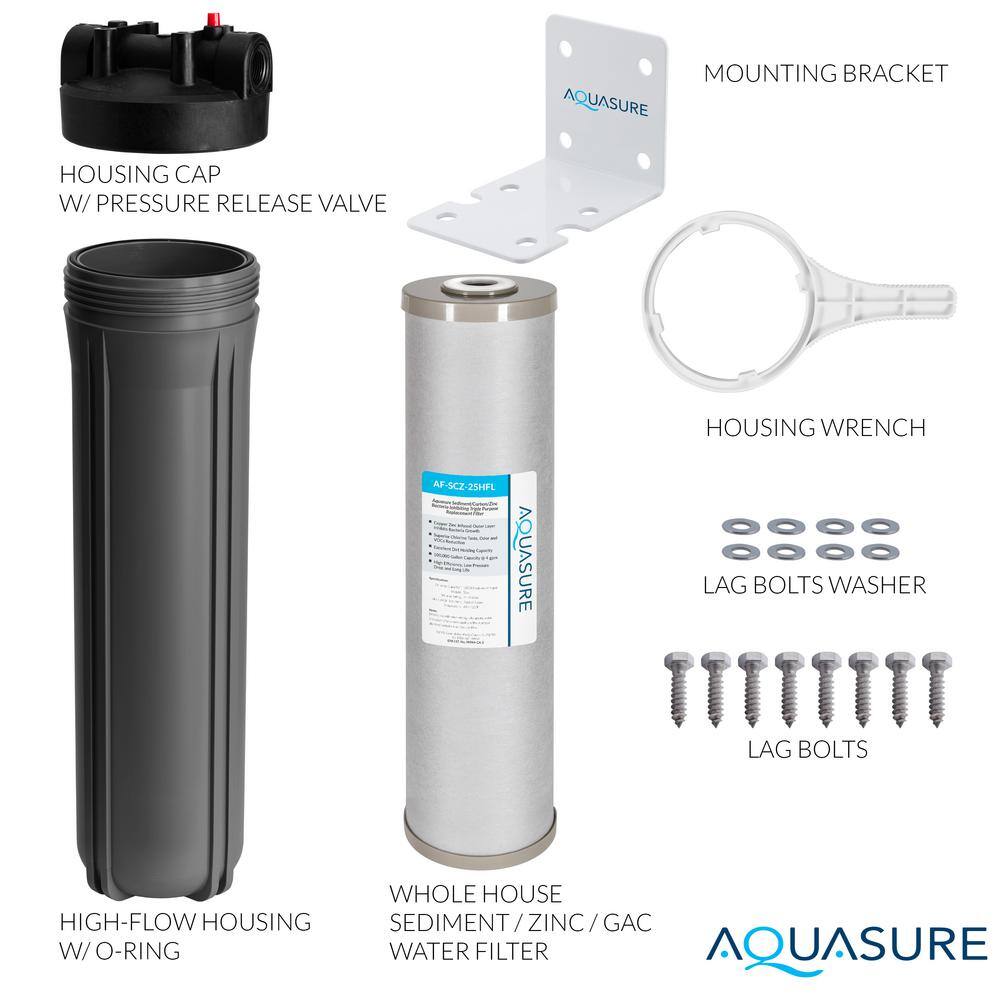 AQUASURE Fortitude V2 Series Whole House SedimentCarbonZinc Bacteria In-hibiting Triple Purpose Filtration Large Gray System AS-FL-25SCZ