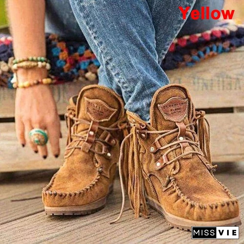 Women's Tassels Rivets Faux suede boots Moccasin Fringed  Faux Suede Boots