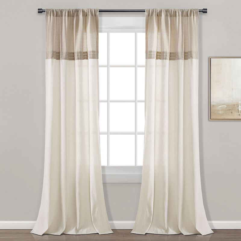 Lush Decor Farmhouse Faux Linen Pair of 2 Colorblock Pleated Window Curtain Panels