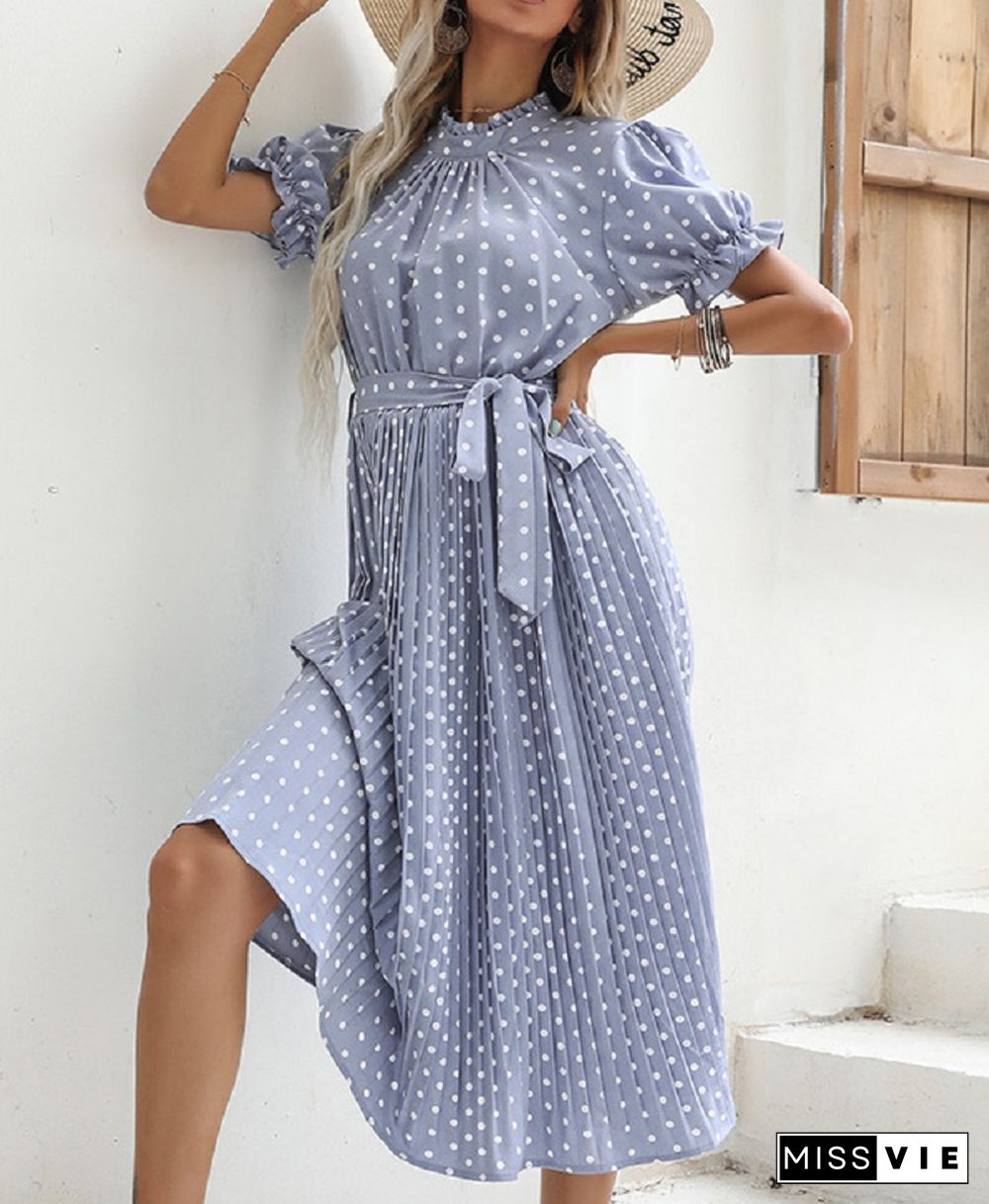 Casual Women Summer Dress Pleated Short Sleeve Dresses New Chic Elegant Fashion Lace-up Polka Dot Flared Sleeve Midi Dress