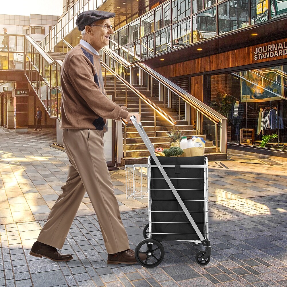 Folding Shopping Cart with Waterproof Liner Wheels and Basket Silver   26\