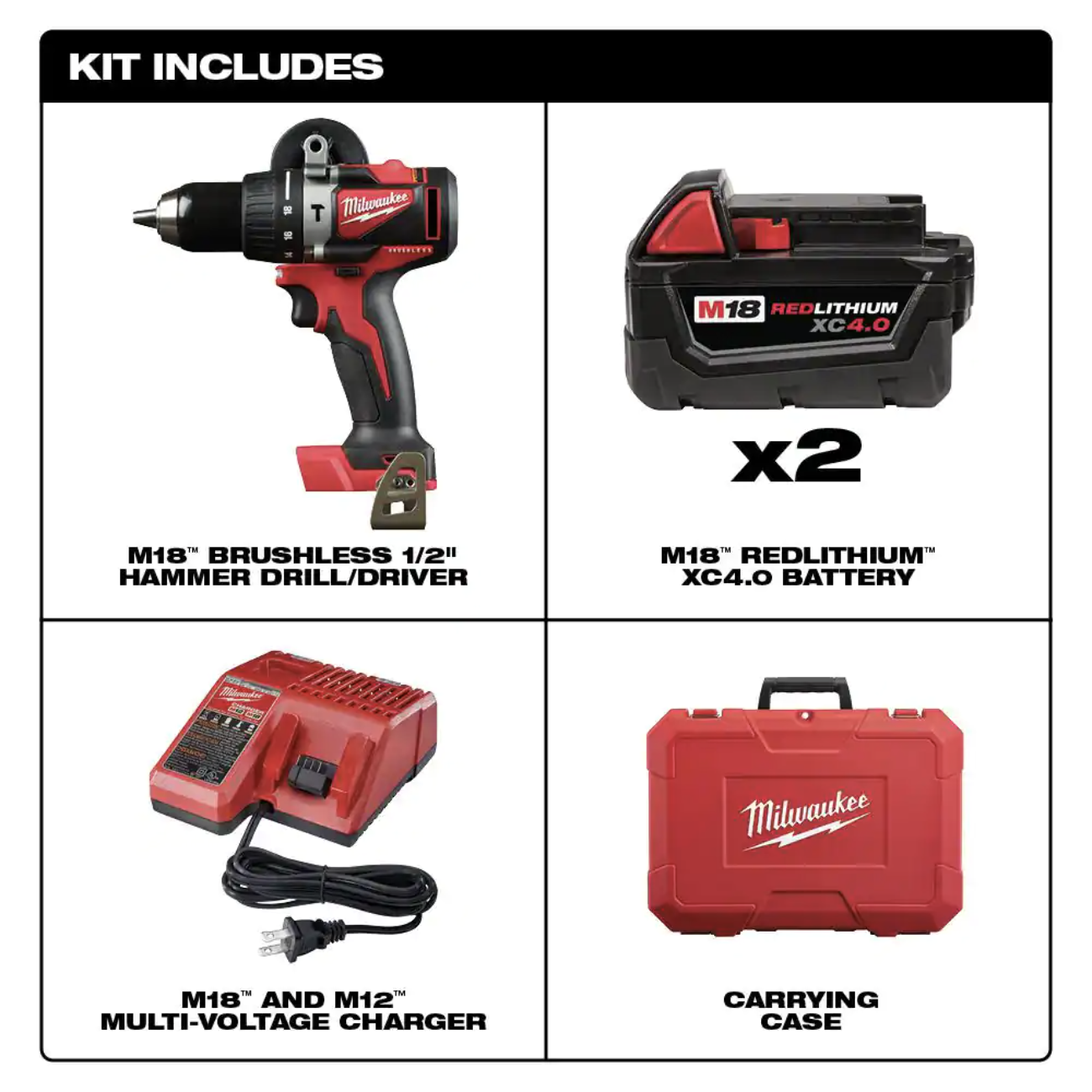 Milwaukee M18 18V Lithium-Ion Brushless Cordless 1/2 in. Compact Hammer Drill/Driver Kit 2902-22