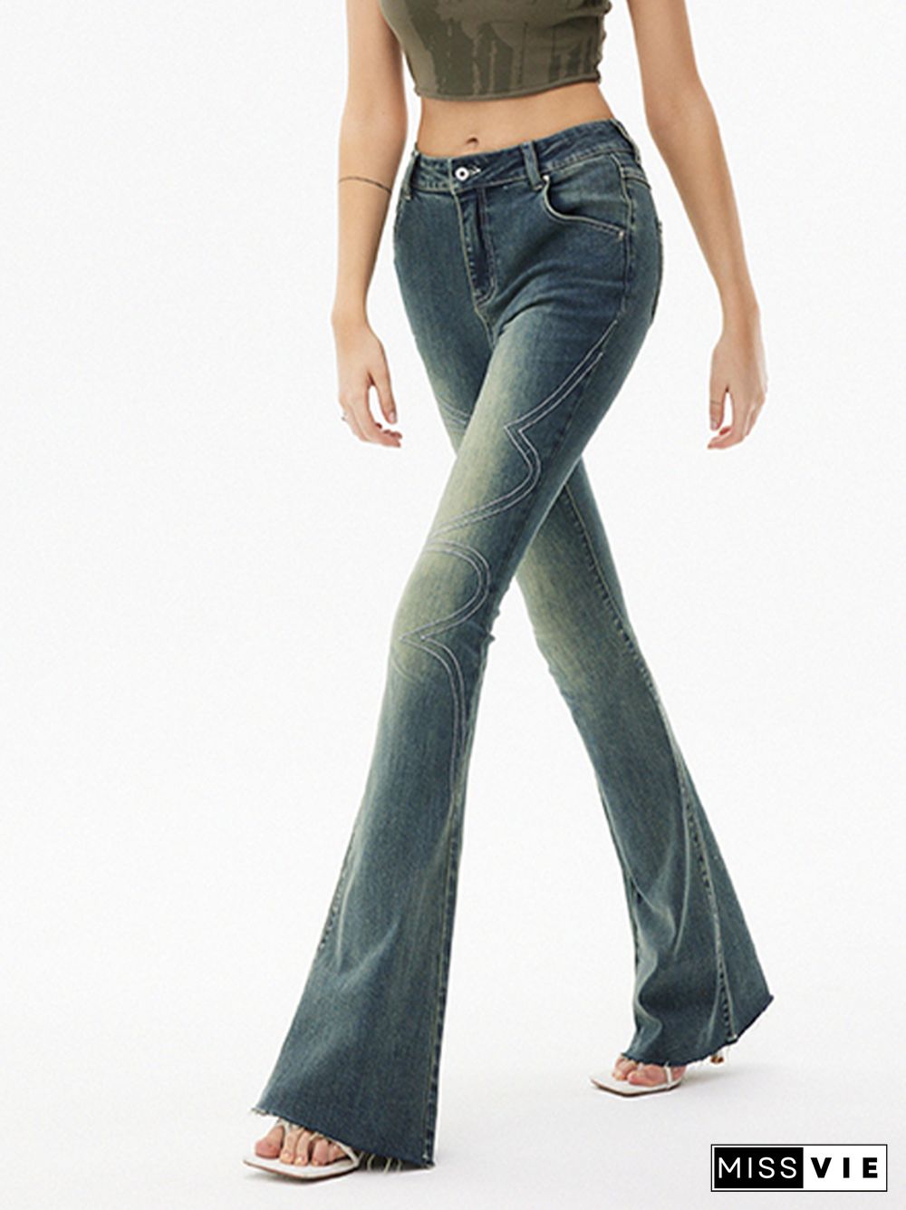 Line Embroidery Stretchy Flare Jeans