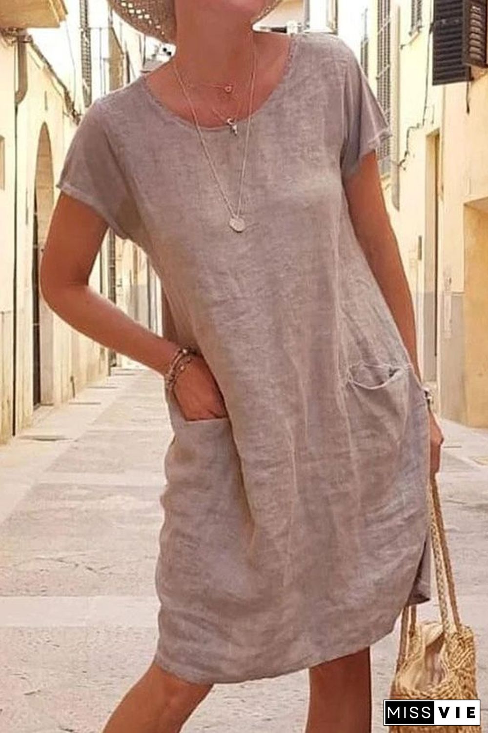 Plus Size Loose Solid Color Pocket Short Sleeve round Neck Cotton and Linen Dress