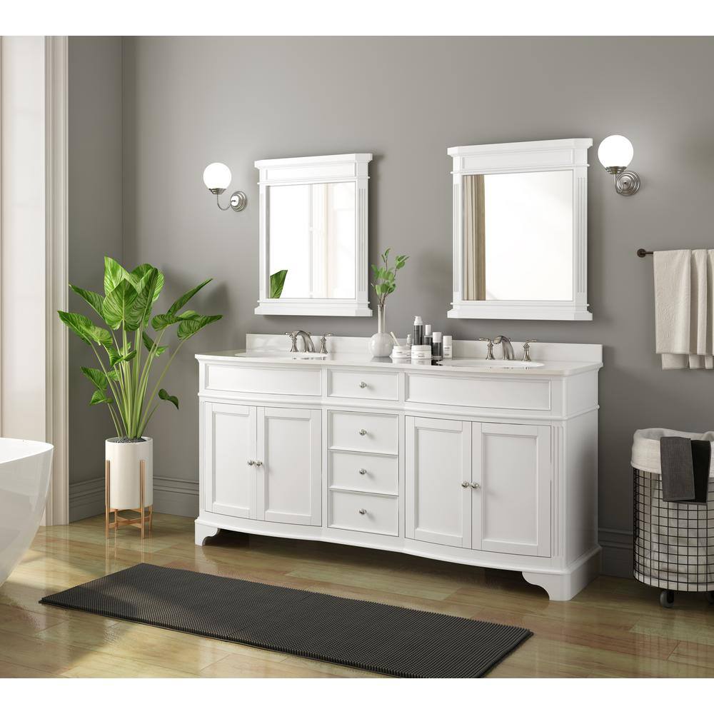 Home Decorators Collection Terryn 72 in. W x 20 in. D x 35 in. H Vanity in White with Engineered White Marble Top and White Sinks TJ-TNV7220WH