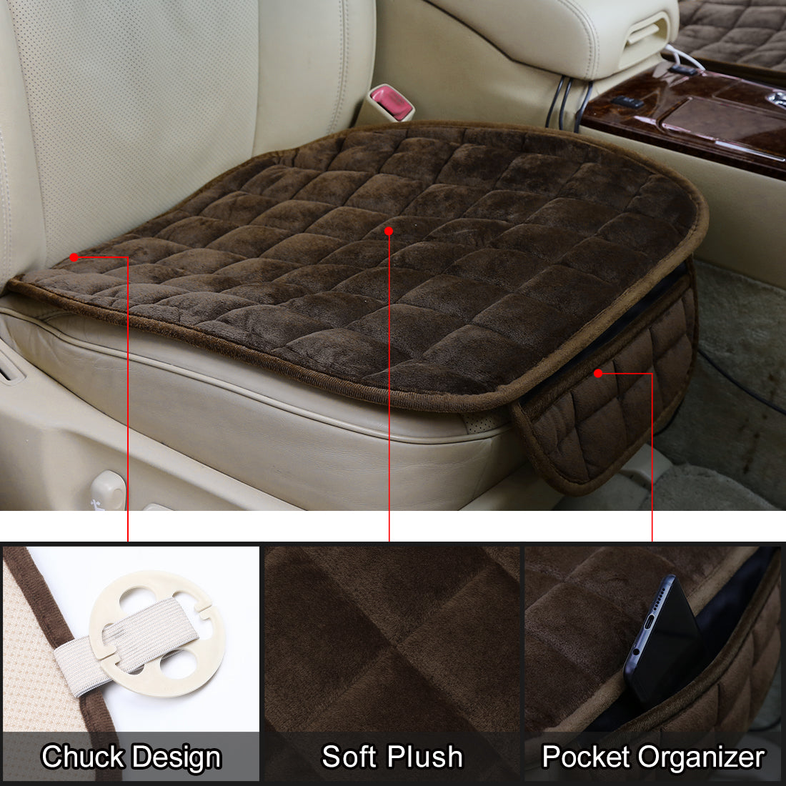 Front Rear Car Seat Cover Breathable Plush Pad Chair Cushion Set for Vehicle Home Office Universal Brown