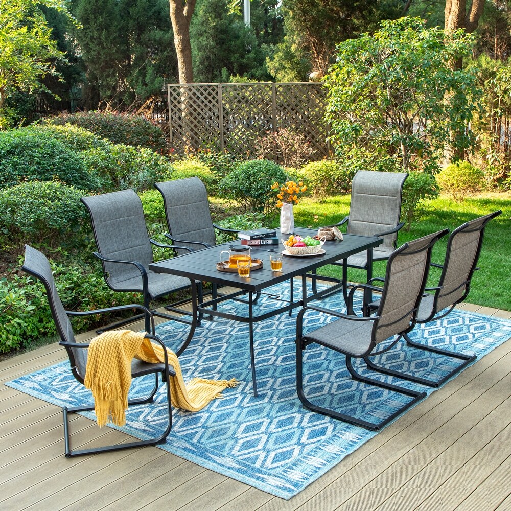 7 Piece Patio Dining Set  6 C Spring Motion Chairs Textilene Padded and 1 Metal Table with Umbrella Hole