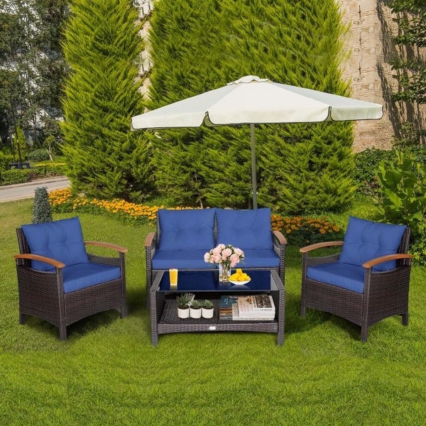 4 Pieces Patio Rattan Furniture Set with Cushioned Sofa and Storage Table - 46.5