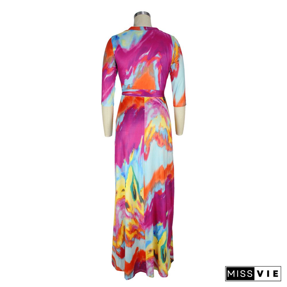 Elegant Abstract Printed Women Three Quarter Sleeve V Neck Bandage Summer Vacation Maxi Dress