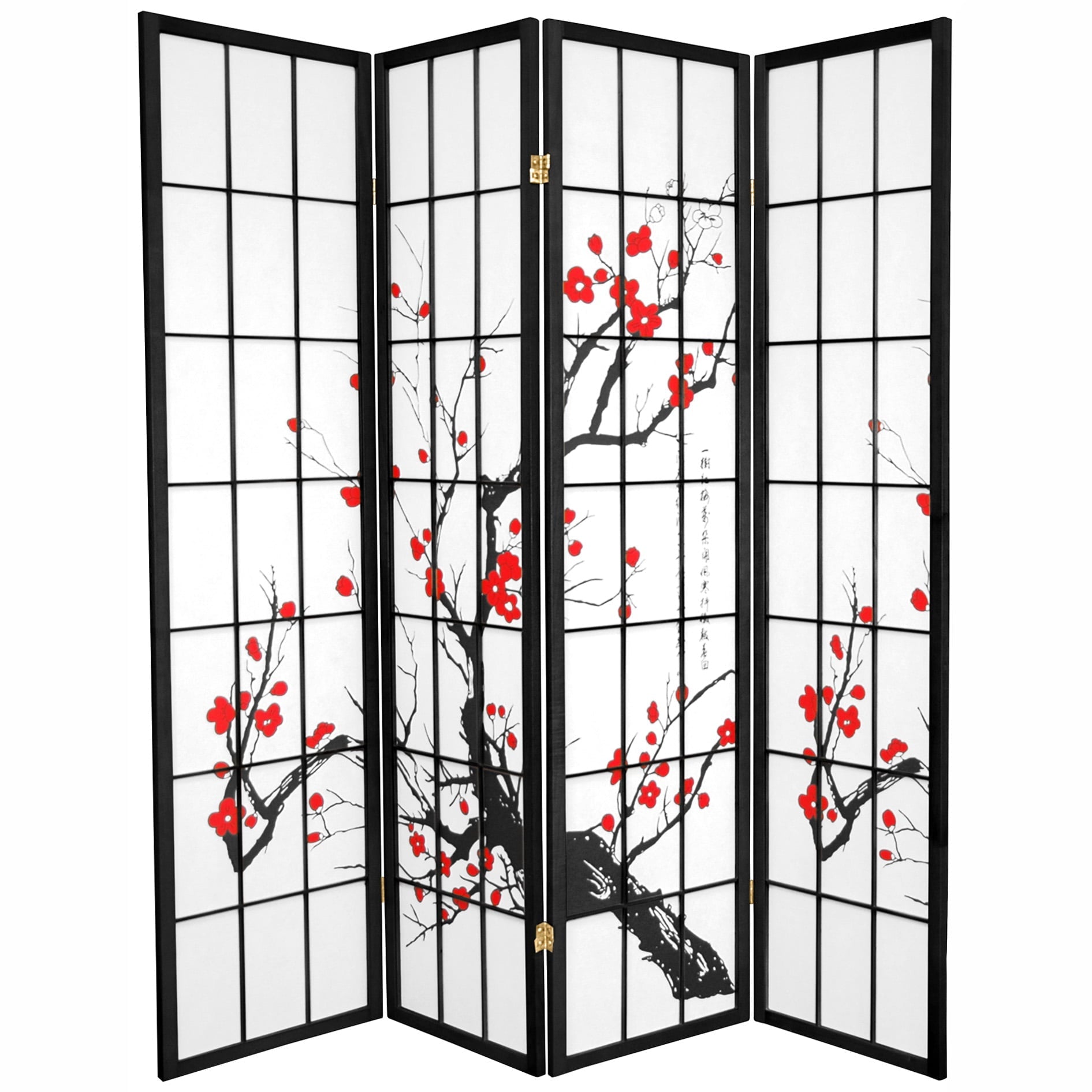 Oriental Furniture 6 Ft Tall Flower Blossom Room Divider, Black, 4 panel