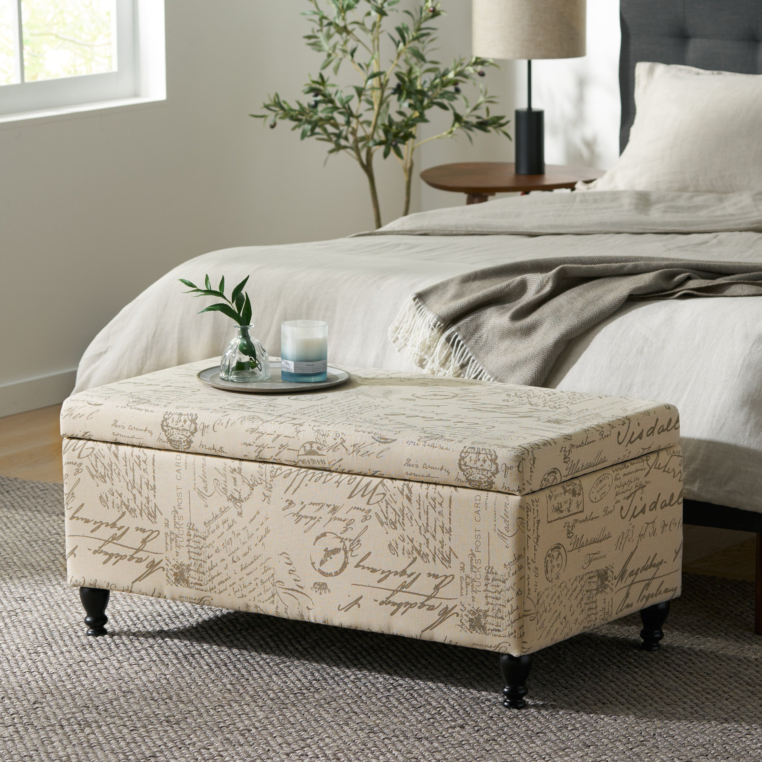 Kingsbury Fabric Storage Ottoman Bench with French Script