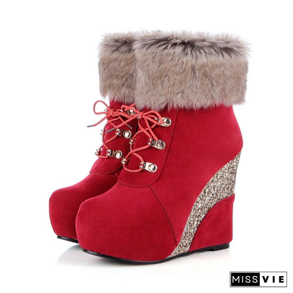 New Sexy Winter Boots Wedges Shoes Ankle Boots Women Warm Boots Lace Up Platform High Heels Snow Boots Shoes Woman