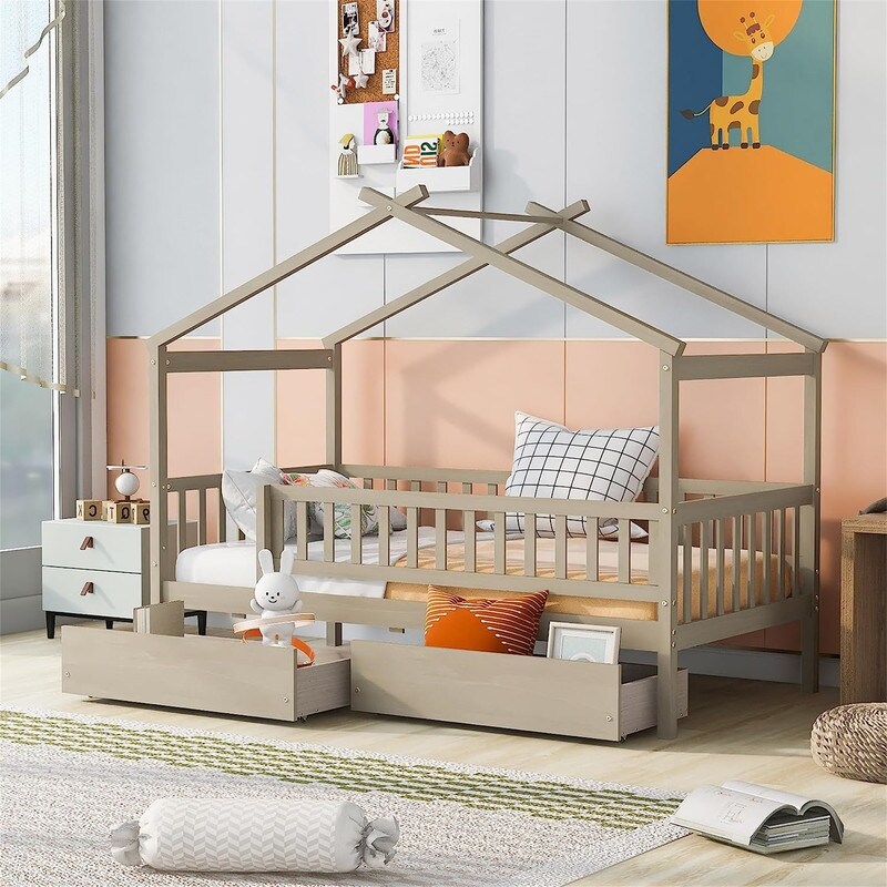 Twin House Bed with 2 Storage Drawers Rails and Roof for Kids