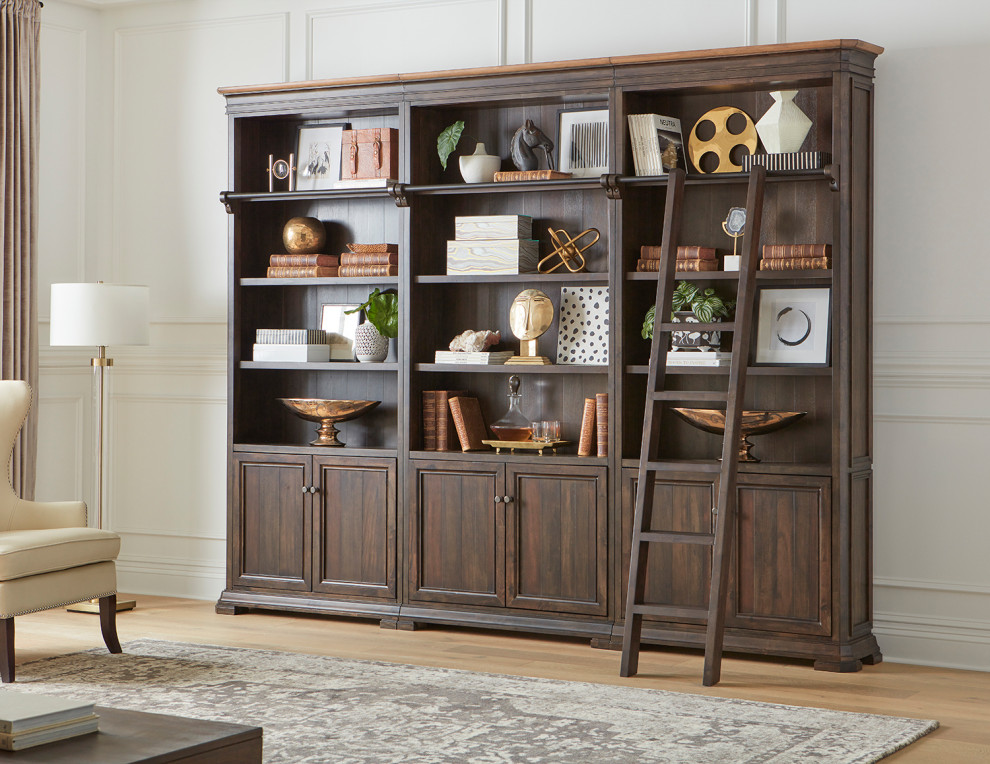 Executive Bookcase Wall With Wood Ladder  Fully Assembled  Brown   Traditional   Bookcases   by Martin Furniture  Houzz