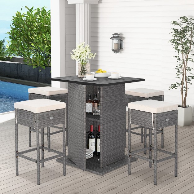 Costway 5 Pcs Outdoor Wicker Bar Table Set With Hidden Storage Shelves Bar Table Stools