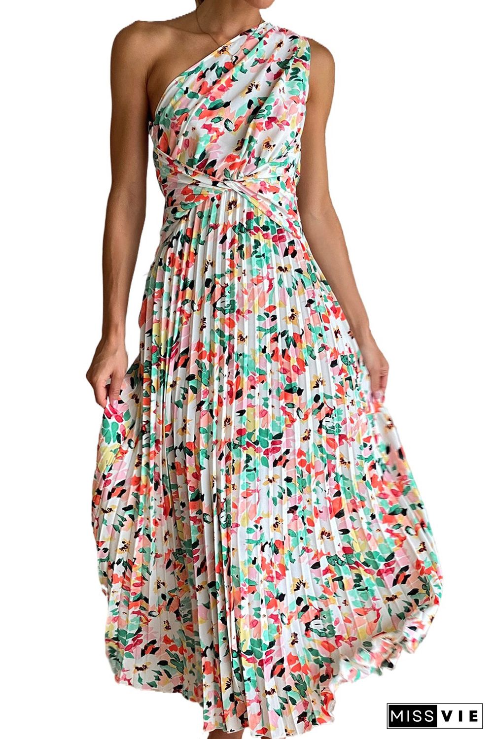 Green Boho Floral One-Shoulder Sleeveless Pleated Maxi Dress