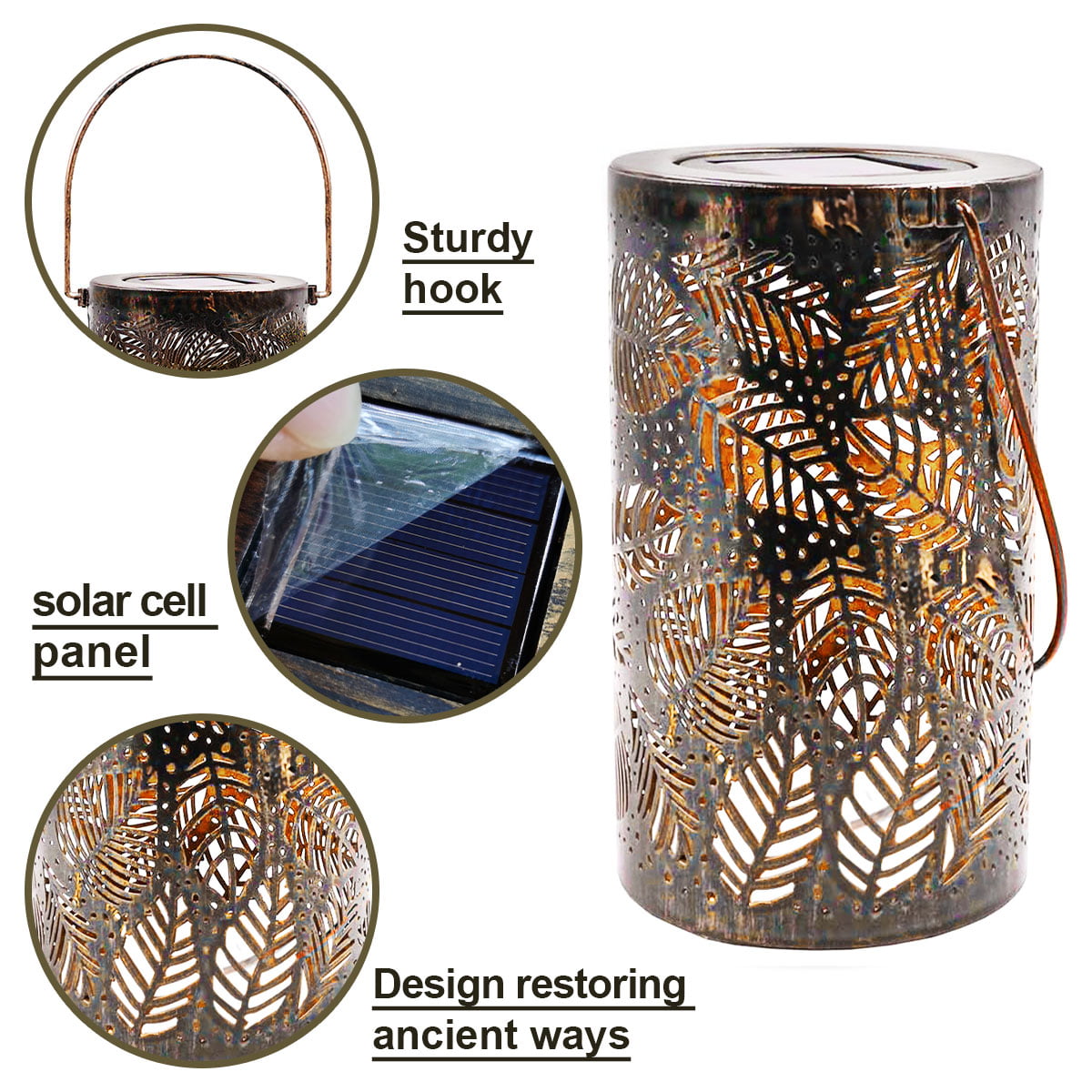 RNKR Solar Lantern Lights Outdoor Garden Hanging Lights Metal Flowers Pattern Light Multifunctional Led Tabletop Lamp for Patio Outside Pathway Vintage Lanterns (Warm Light，Flowers Hanging)