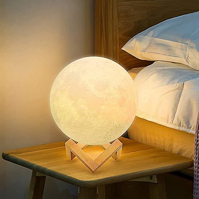 Night light 3D Moon Lamp Night 16 LED Colors with Wooden Stand and Remote Touch Control and USB Rechargeable 15CM Medium（White）