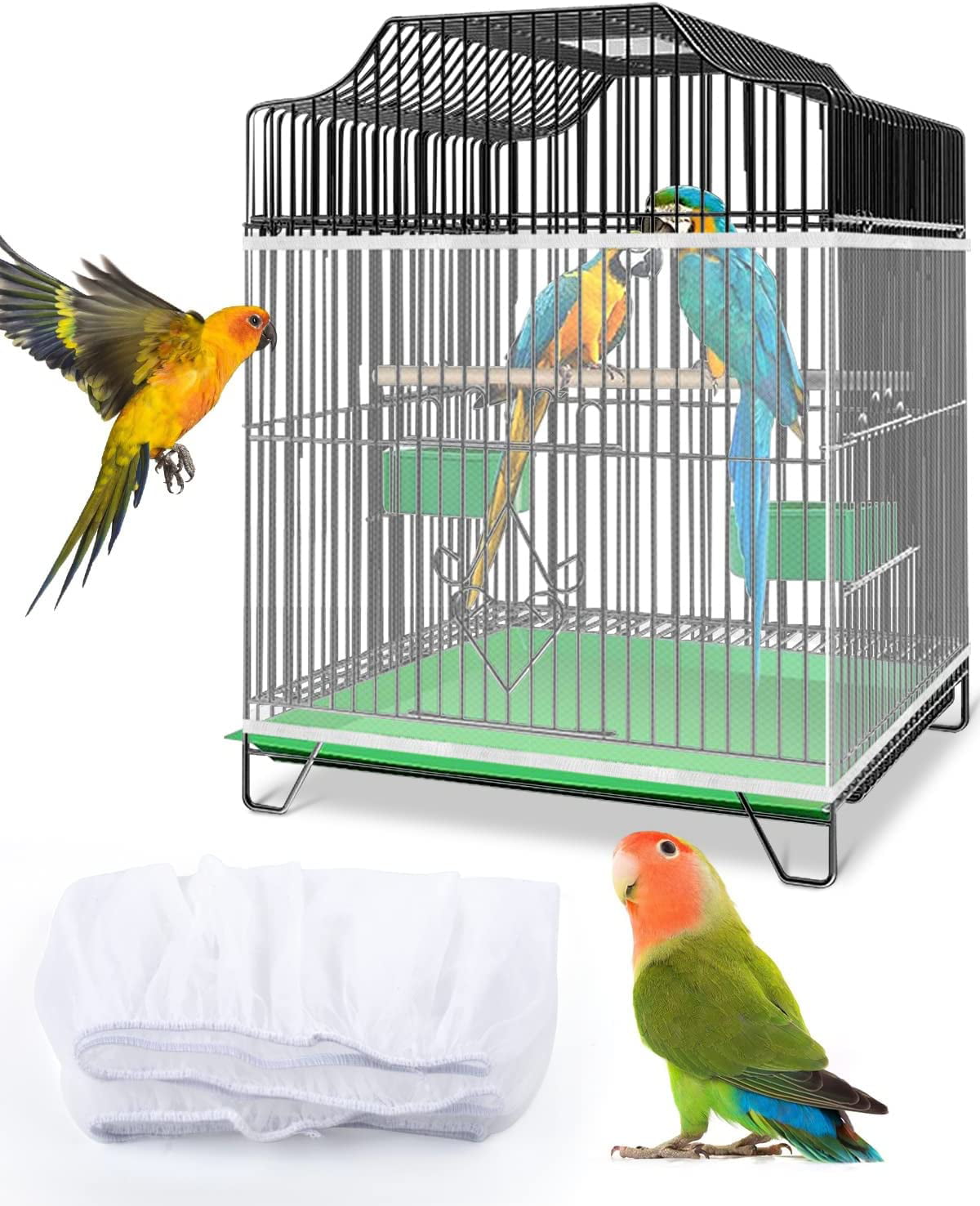 HQZY Bird Cage Cover Seed Feather Catcher， Birdcage Cover Skirt Sheer Guard for Parakeet Macaw Round Square Cages，White/M