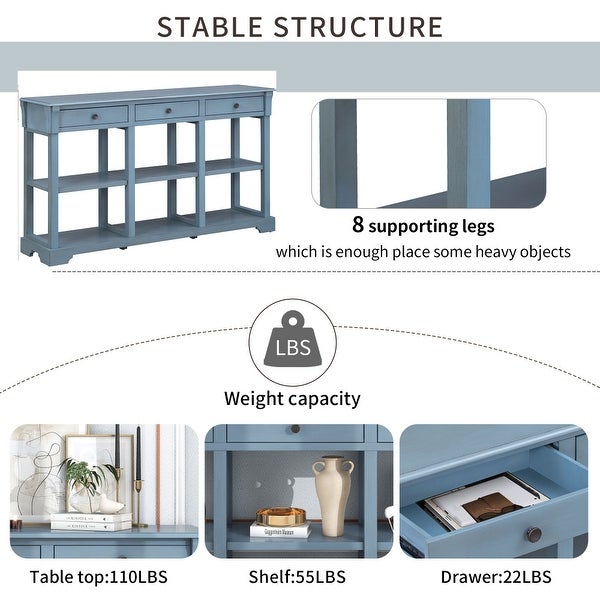 Console Table Sideboard with Open Shelves and Drawers Blue