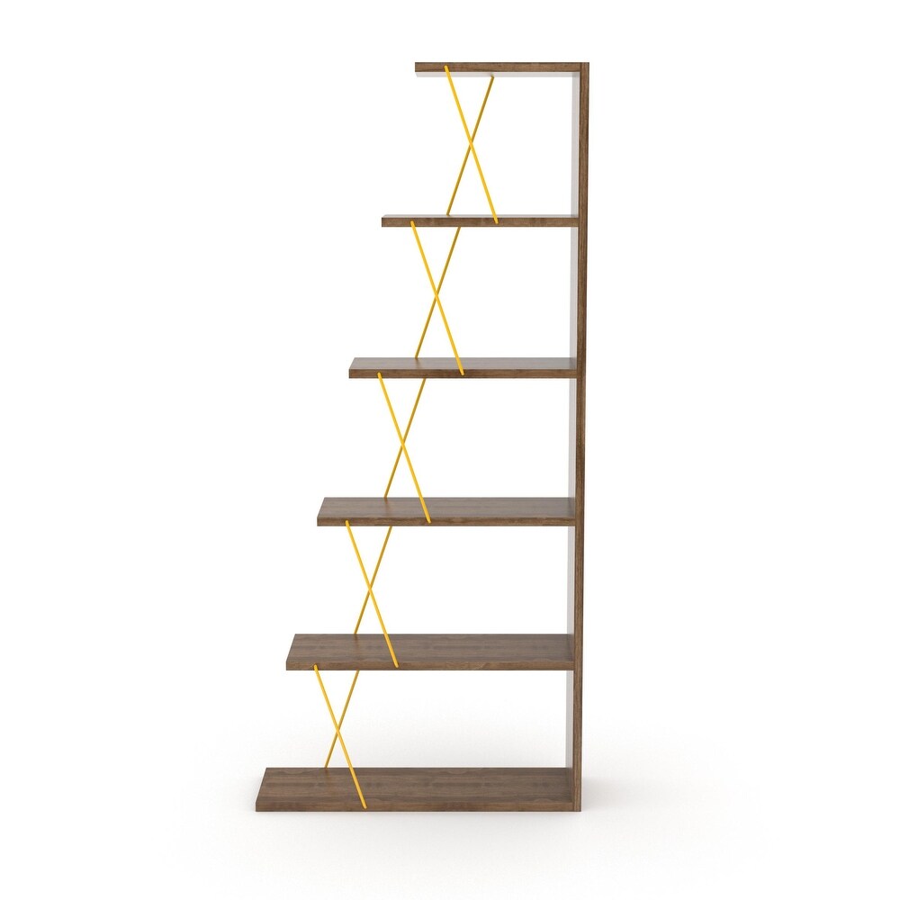 5 Tier Ladder Narrow Bookshelf Organizers for Small Spaces Office Furniture  Walnut/Yellow