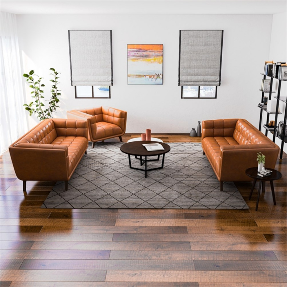 Kai Mid Century  Pillow Back Leather Living Room Set in Tan   Midcentury   Living Room Furniture Sets   by Homesquare  Houzz