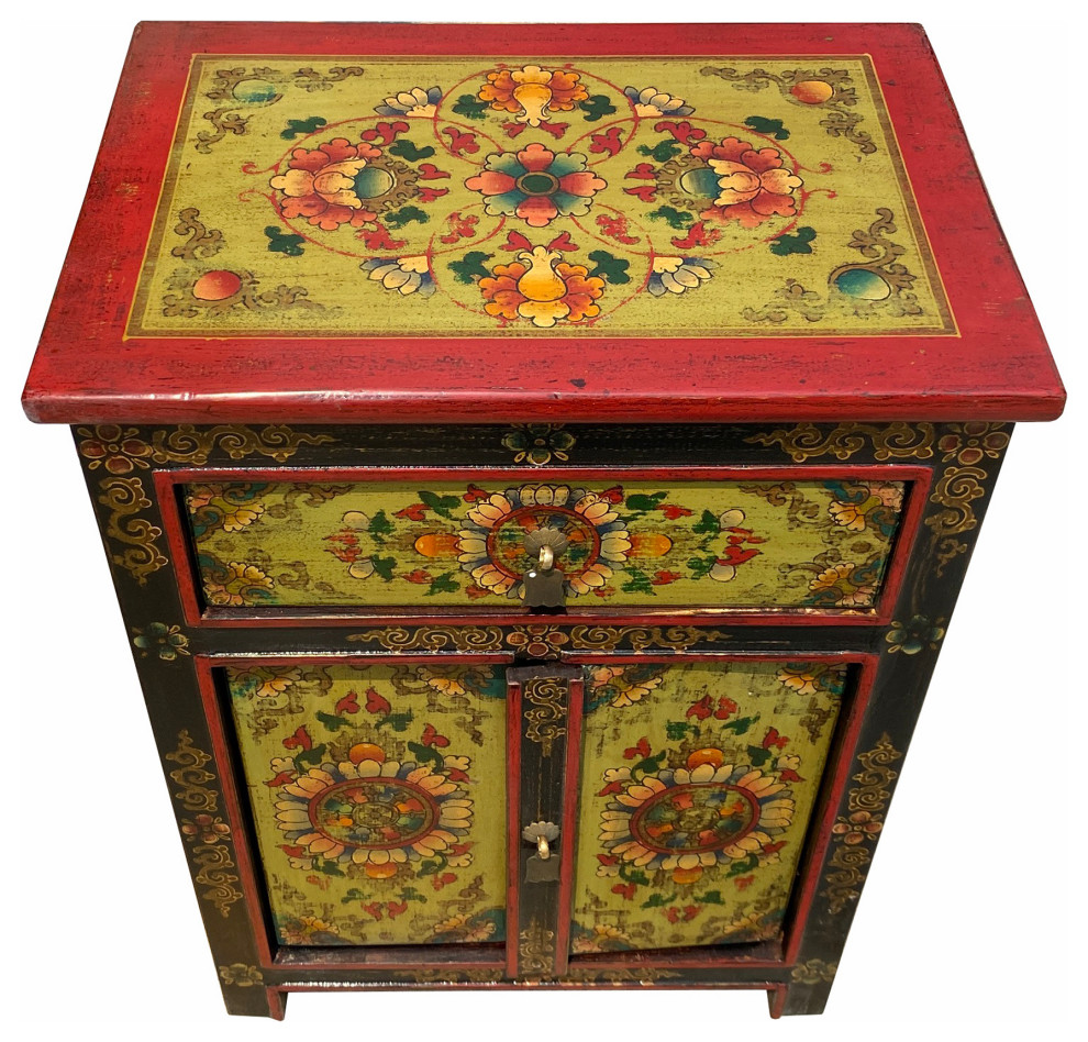 Lime Green Orange Black Tibetan Style Floral End Table Nightstand Hcs6935   Asian   Side Tables And End Tables   by Golden Lotus Antiques  Houzz