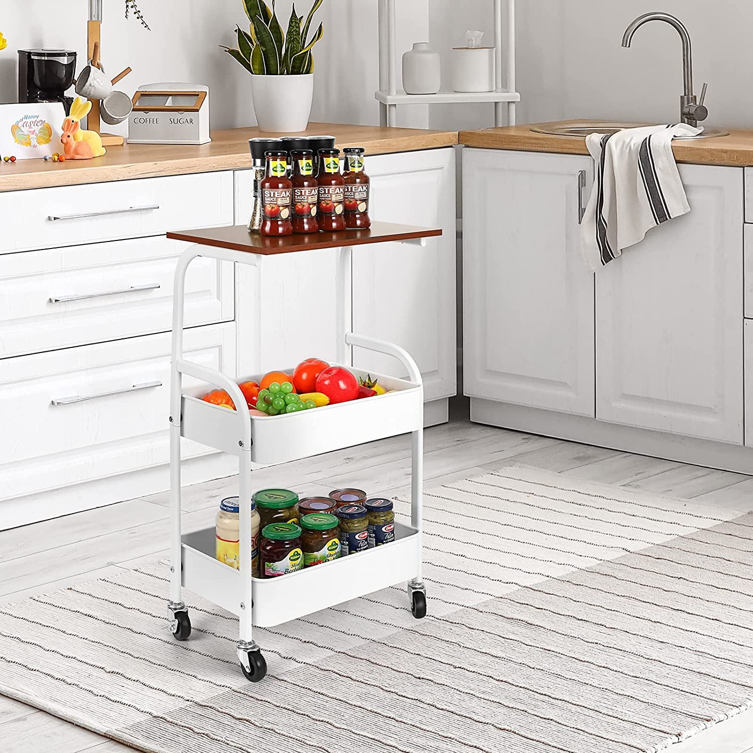 Kitchen Rolling Storage Cart， 3-Tier Slim Storage Cart with Wheels， Mobile Utility Cart with Wooden Tabletop， White