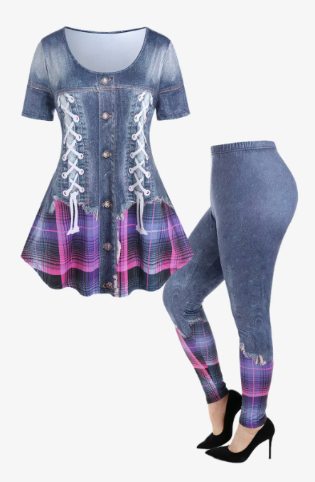 Plaid 3D Lace Up Denim Print T-shirt and Plaid 3D Denim Leggings Plus Size Outfit