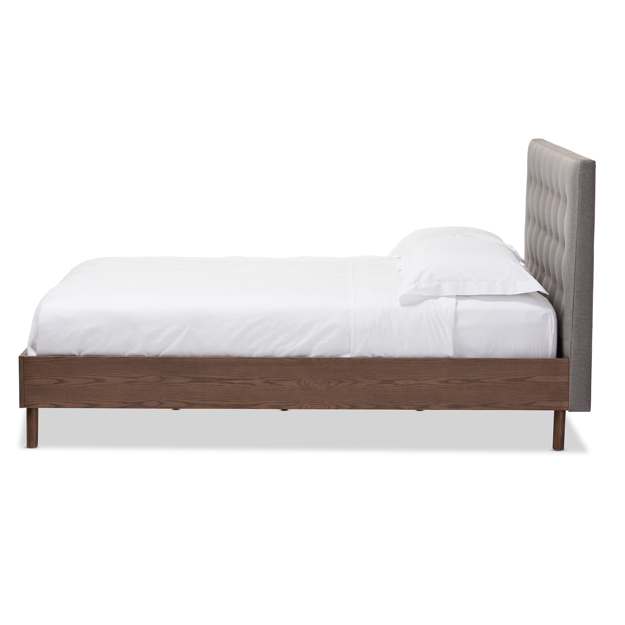 Baxton Studio Alinia Gray Fabric Upholstered Walnut Queen Size Platform Bed