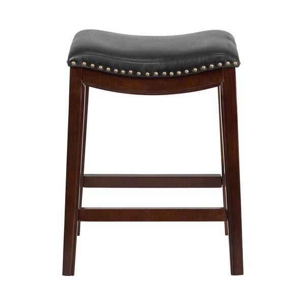 Offex 26'' High Backless Cappuccino Wood Counter Height Stool with Black LeatherSoft Saddle Seat - N/A