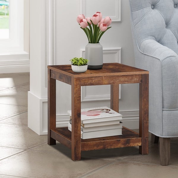 2-Tier End Table with Storage Shelf， Wood Side Table for Living Room - 17.7”