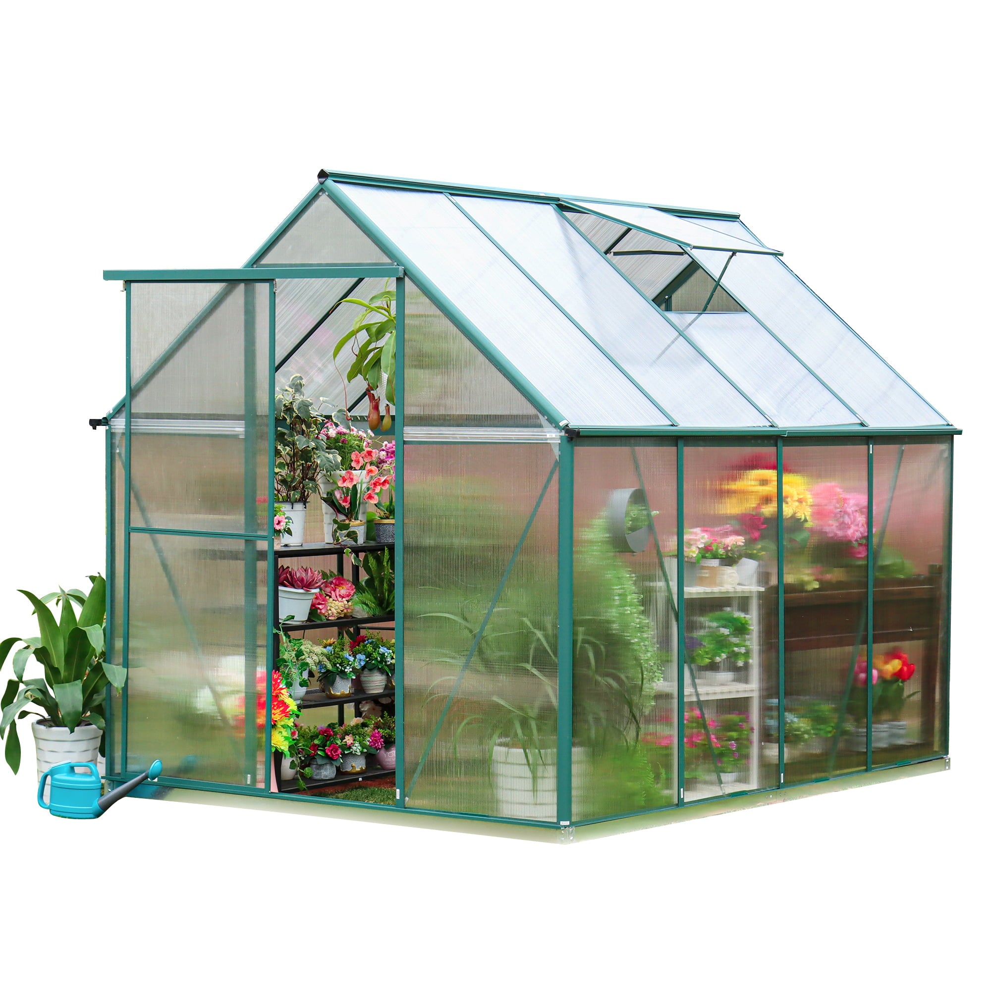 JULY'S SONG Greenhouse,6'x 8' Heavy Duty Polycarbonate Walk-in Plant Garden Greenhouse with Window for Winter,Windproof Gardening Green House Kit for Backyard/Outdoor Use