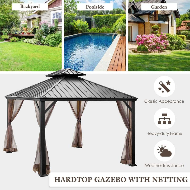 12 x 10 FT Hardtop Gazebo with Netting & Central Hook, 2-Tier Outdoor Patio Metal Gazebo Canopy Tent