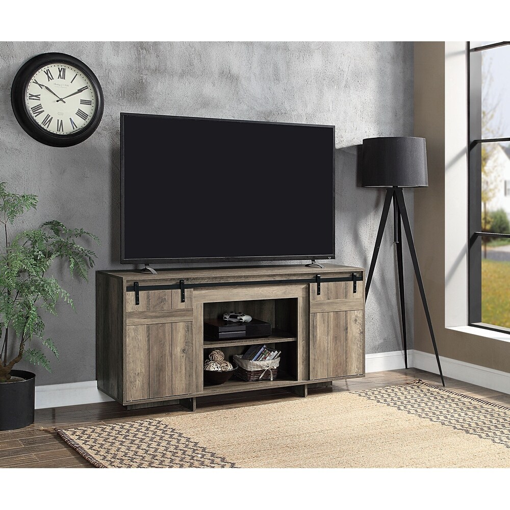 Oak Farmhouse Style TV Stand in Gray Washed Finish  with Adjustable Shelves and Cord Management for up to 60\