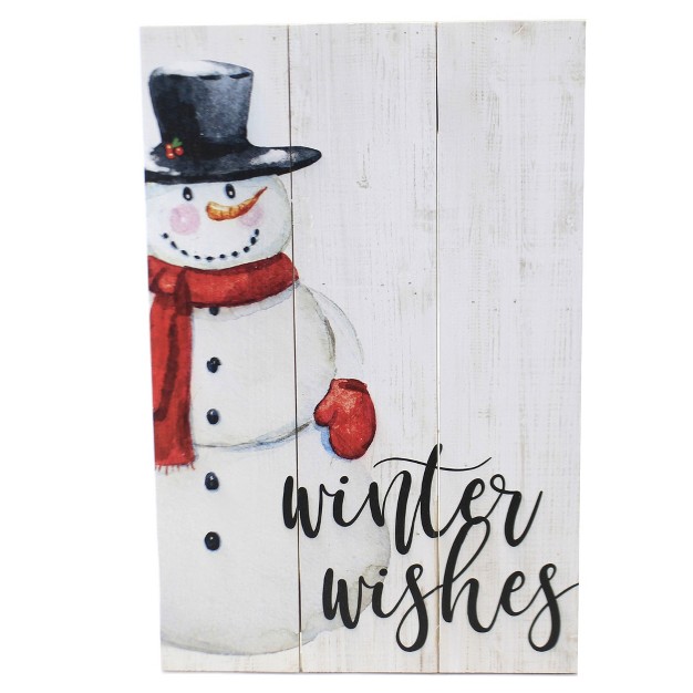 Christmas Winter Wishes Wall Art One Plaque 16 Inches Snowman Farmhouse Hang Holiday Rus1275 Wood Multicolored