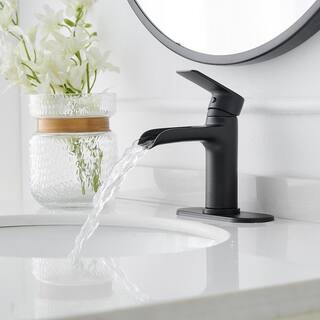 BWE Waterfall Single Handle Single Hole Modern Bathroom Faucet Bathroom Drip-Free Vanity Sink Faucet in Matte Black A-96071-B