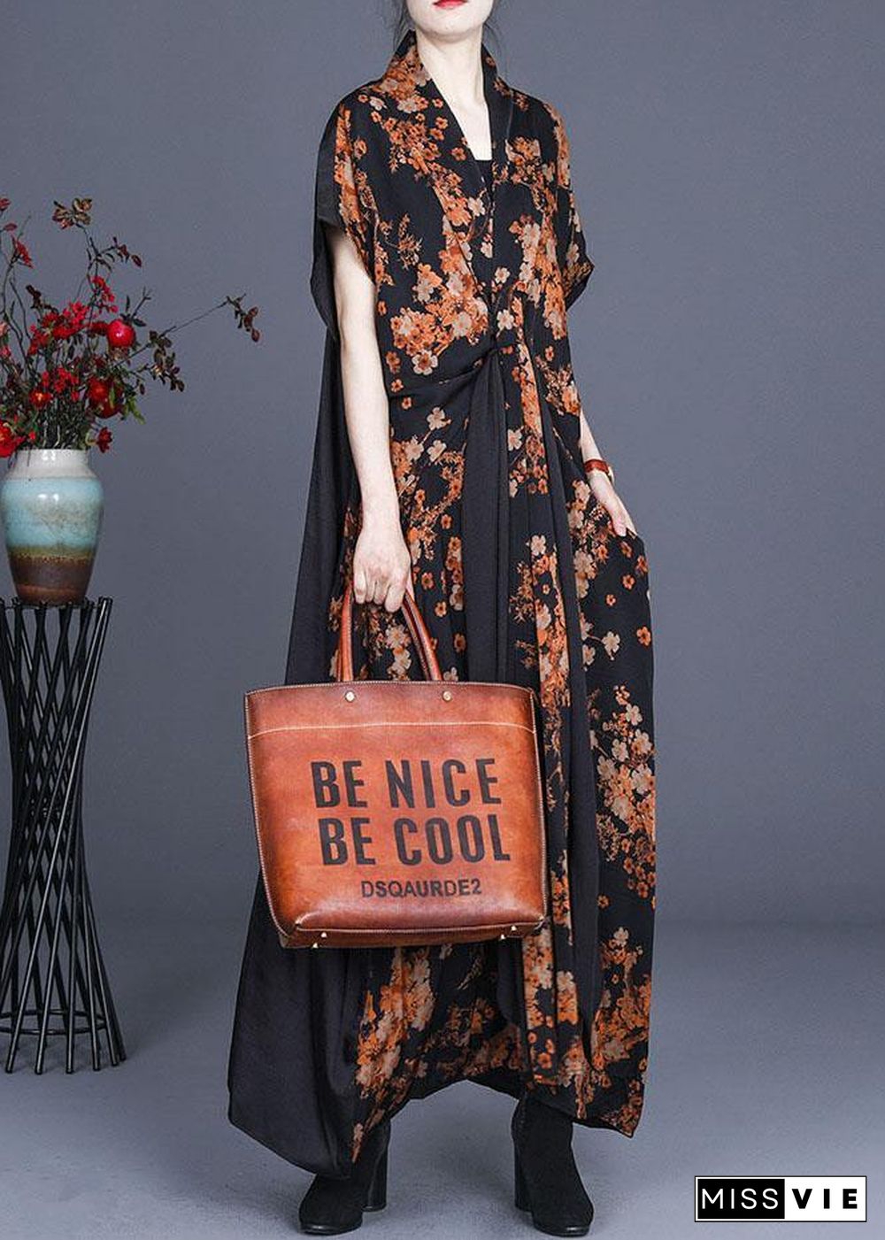 Natural Black Print Patchwork Silk Summer Maxi Dress