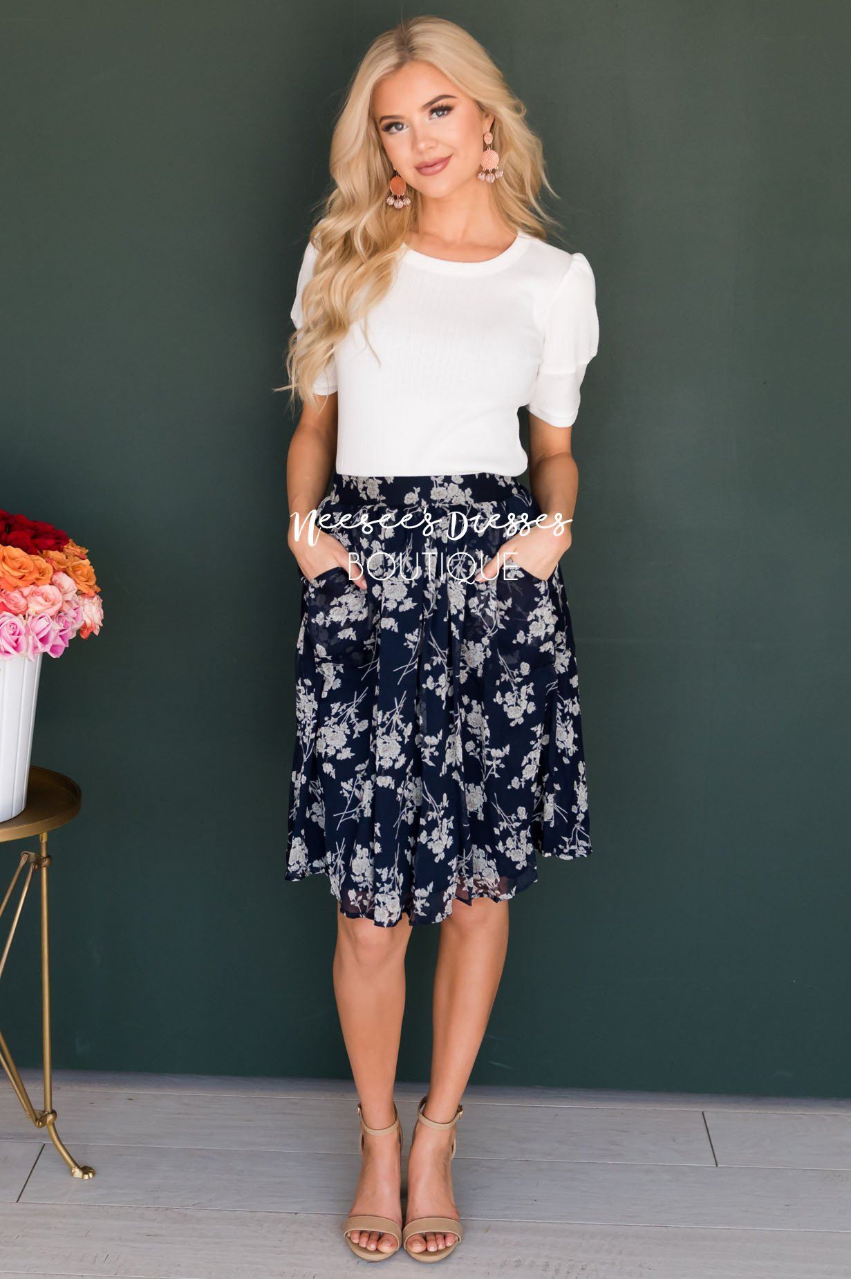 Navy & Cream Floral Chiffon Skirt