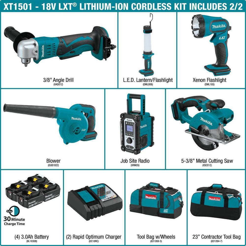 Makita 18V LXT Lithium-ion Cordless 15-Piece Combo Kit with (4) Batteries 3.0Ah Charger and (2) Bags XT1501