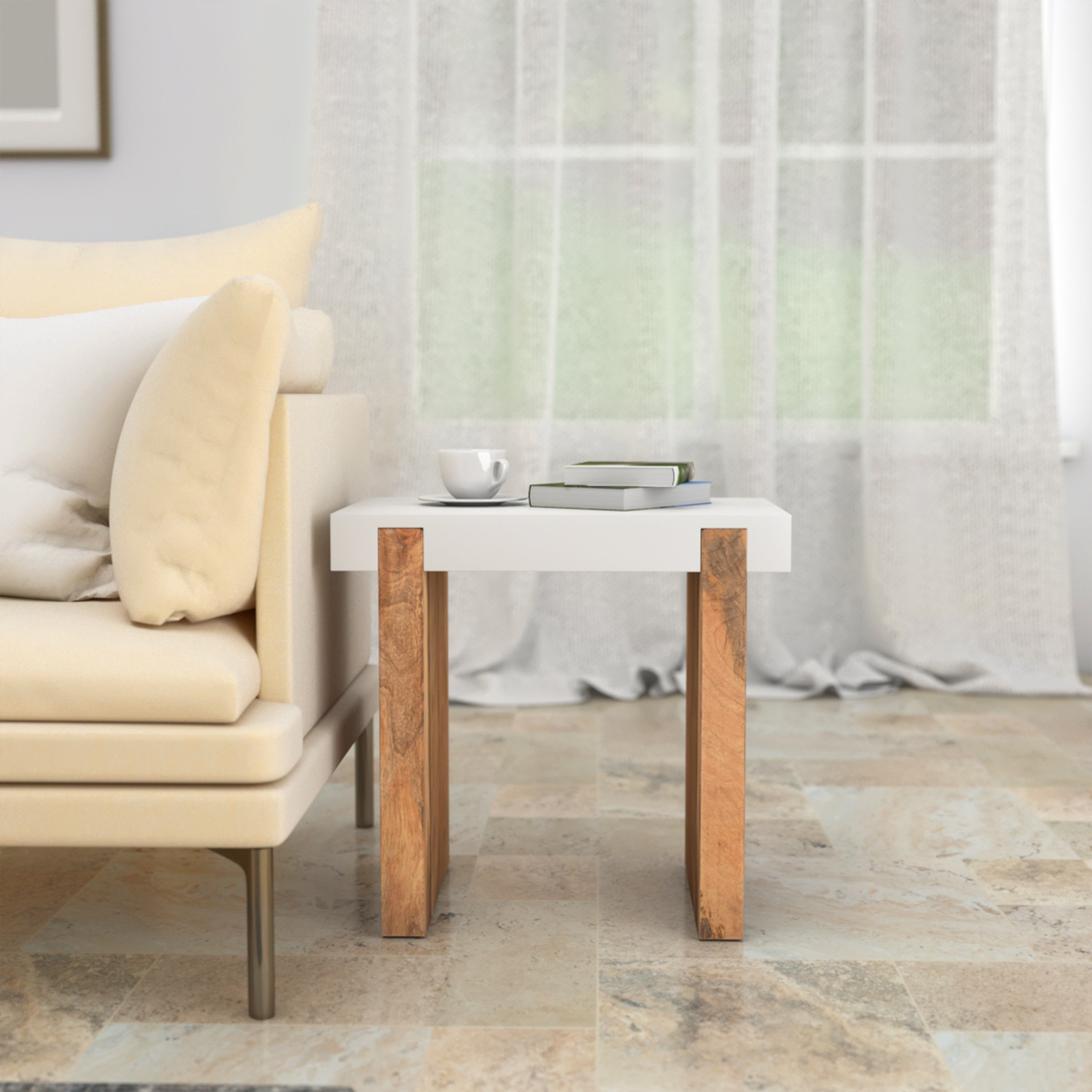 Kerry 20 Inch Rectangular End Side Table， Mango Wood， Sled Base， Glossy White， Natural Brown